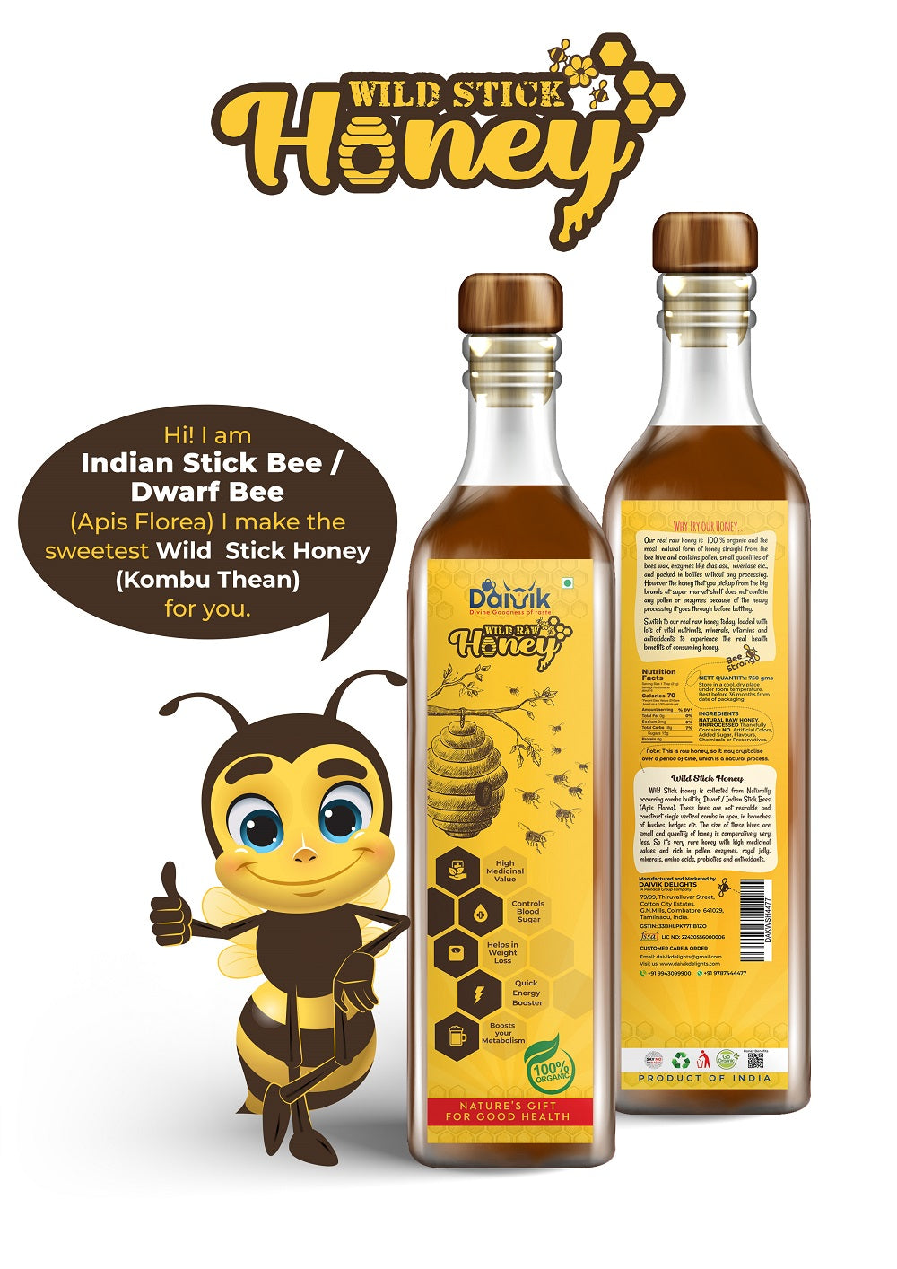 100% PURE NATURAL WILD STICK HONEY - KOMBU THEAN - DAIVIK ORGANIC